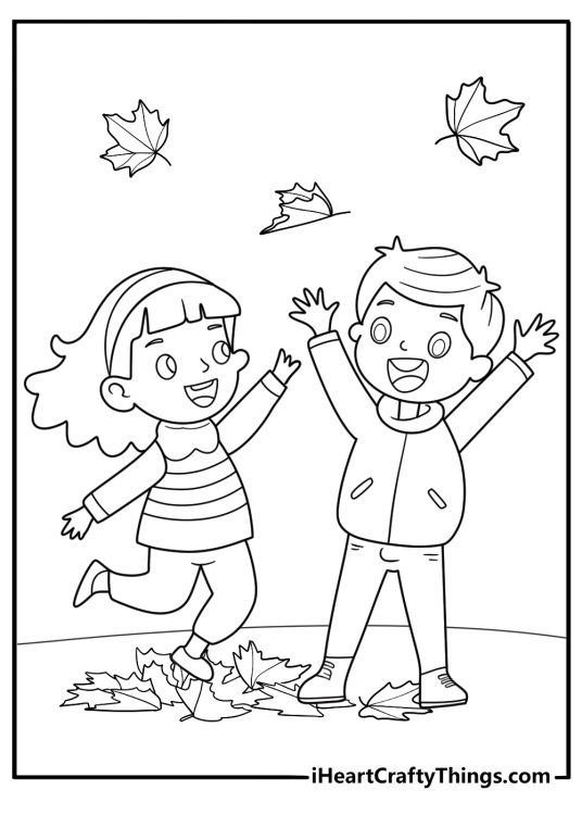 kids playing in autumn leaves on thanksgiving day fun coloring sheet