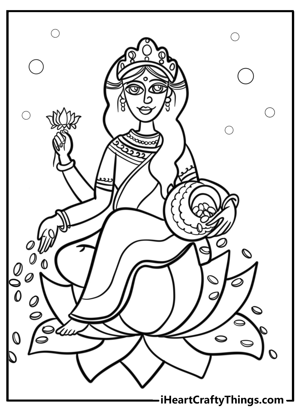 Lakshmi sitting on a lotus detailed diwali coloring sheet