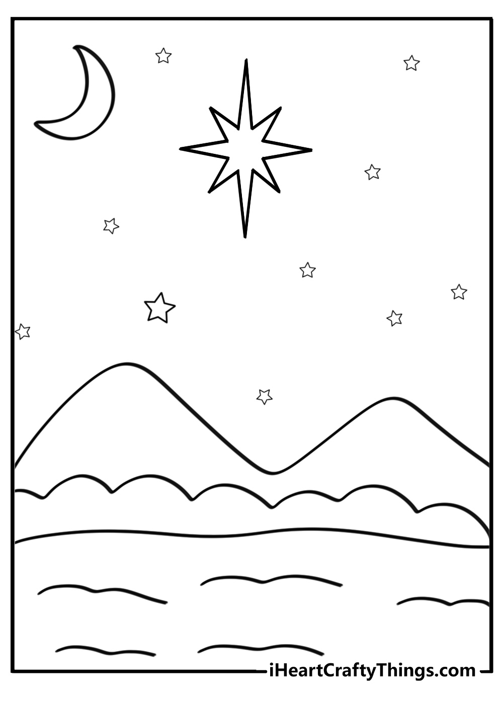 Large christmas star in the night sky free printable coloring page