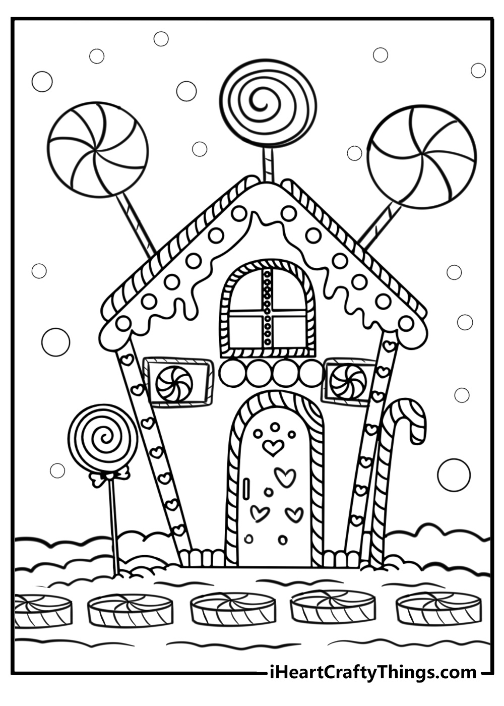 Large gingerbread house with candy windows free coloring page pdf