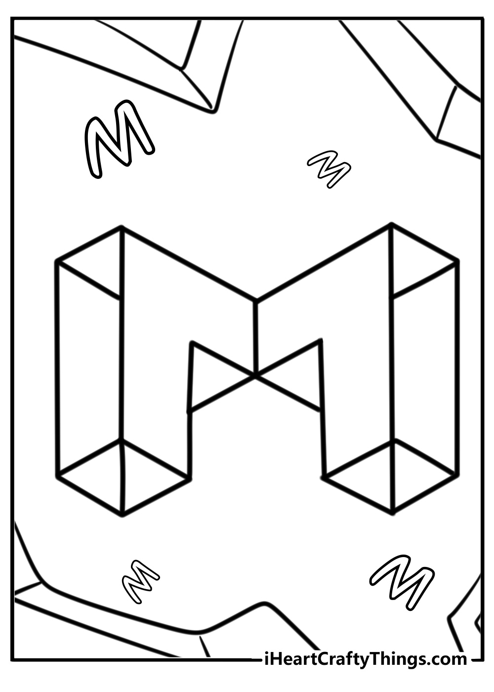 Large letter m with geometric shapes coloring page for kids