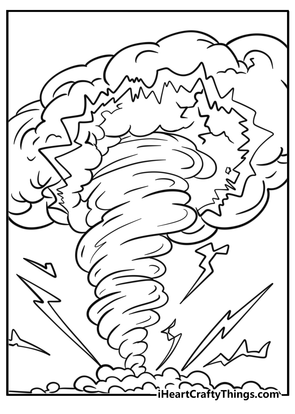 Large tornado with clouds and lightning coloring page