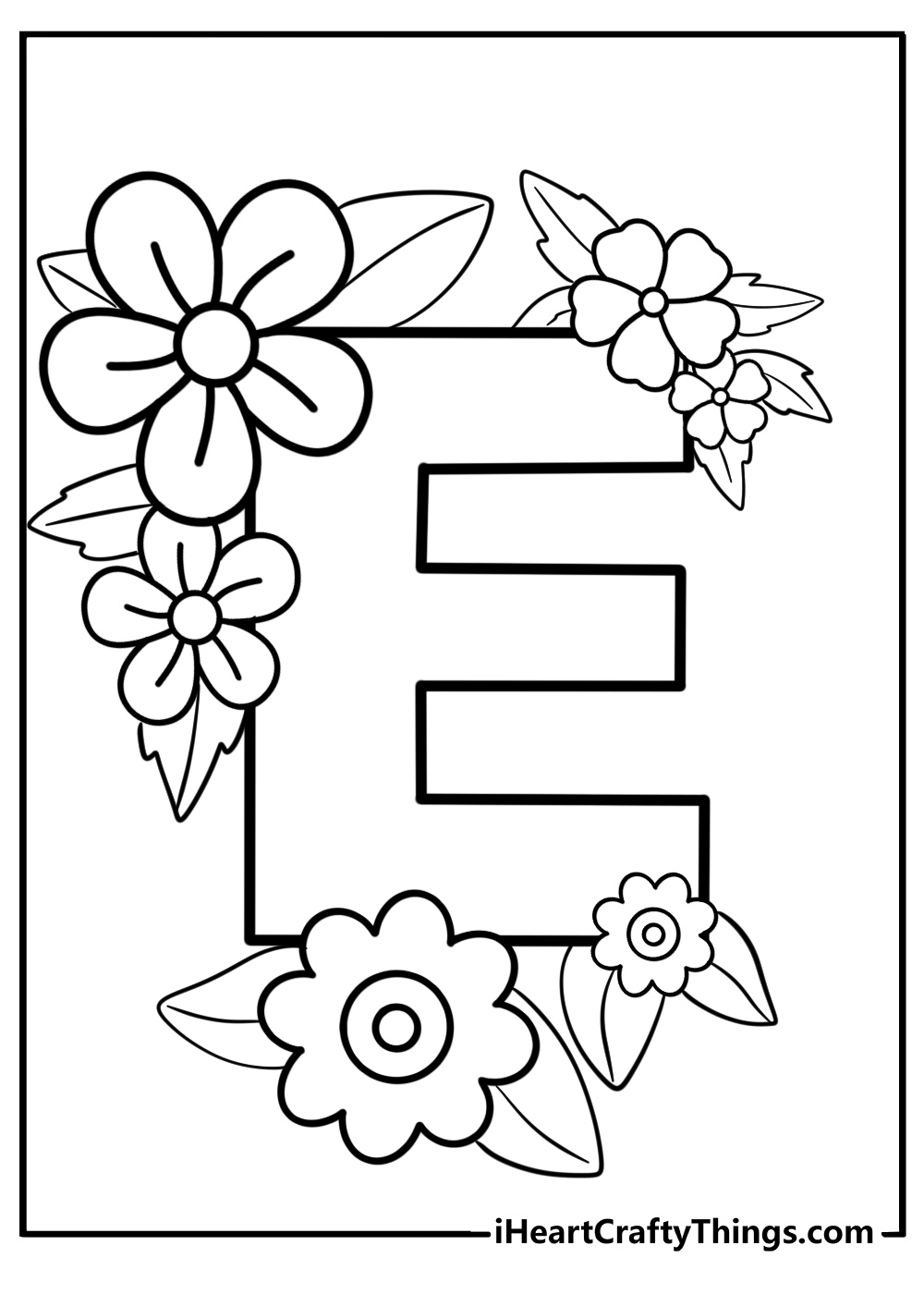 Letter e surrounded by flowers detailed coloring sheet