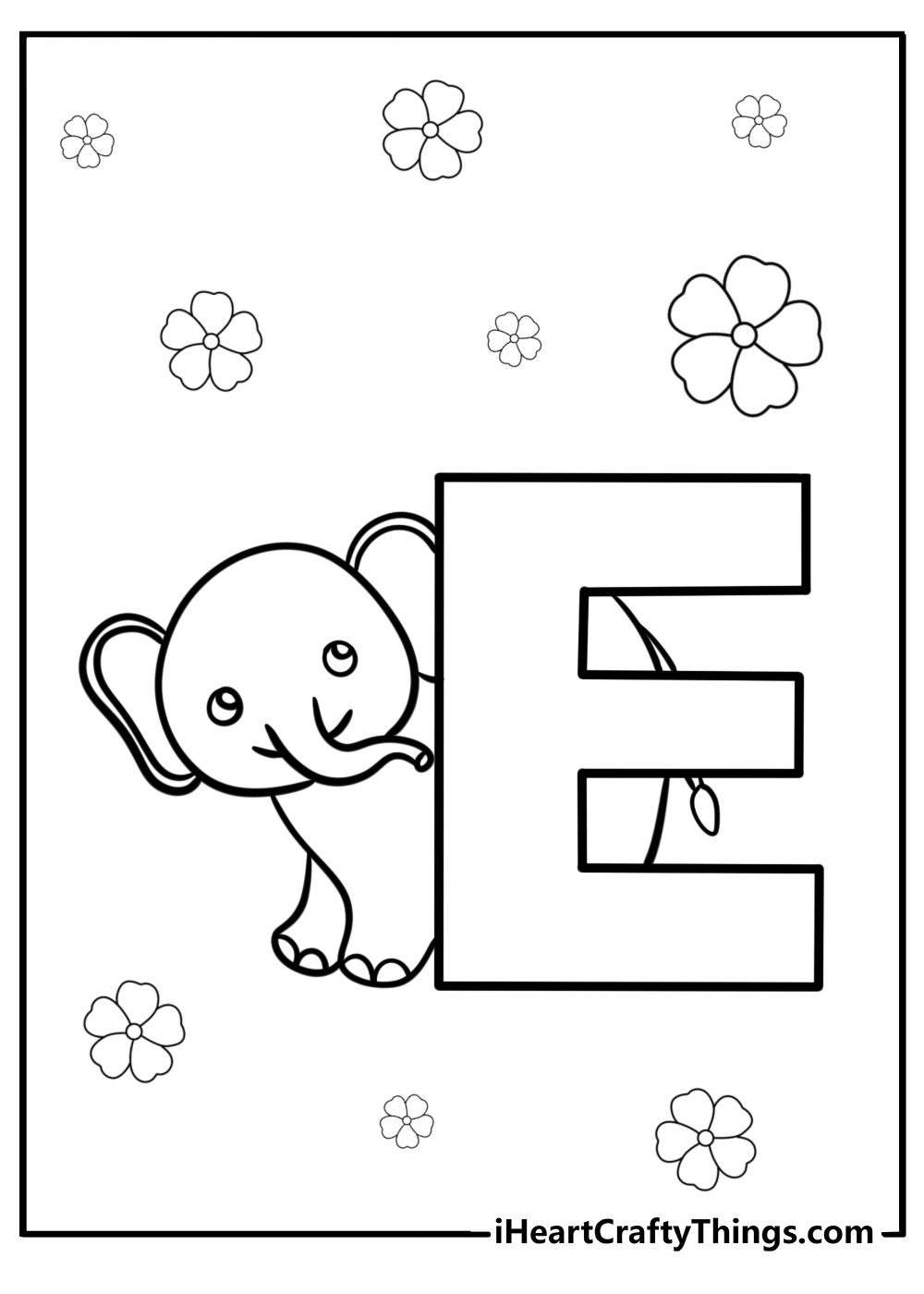 Letter e with a cute elephant beside it free coloring page pdf