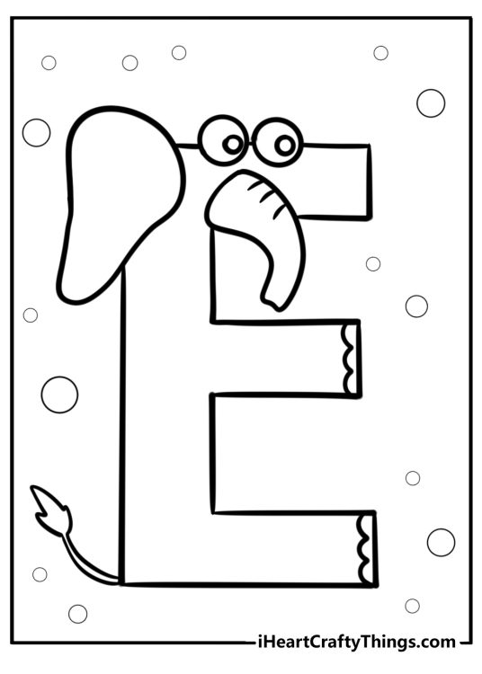 Letter e with an elephant design free coloring page pdf