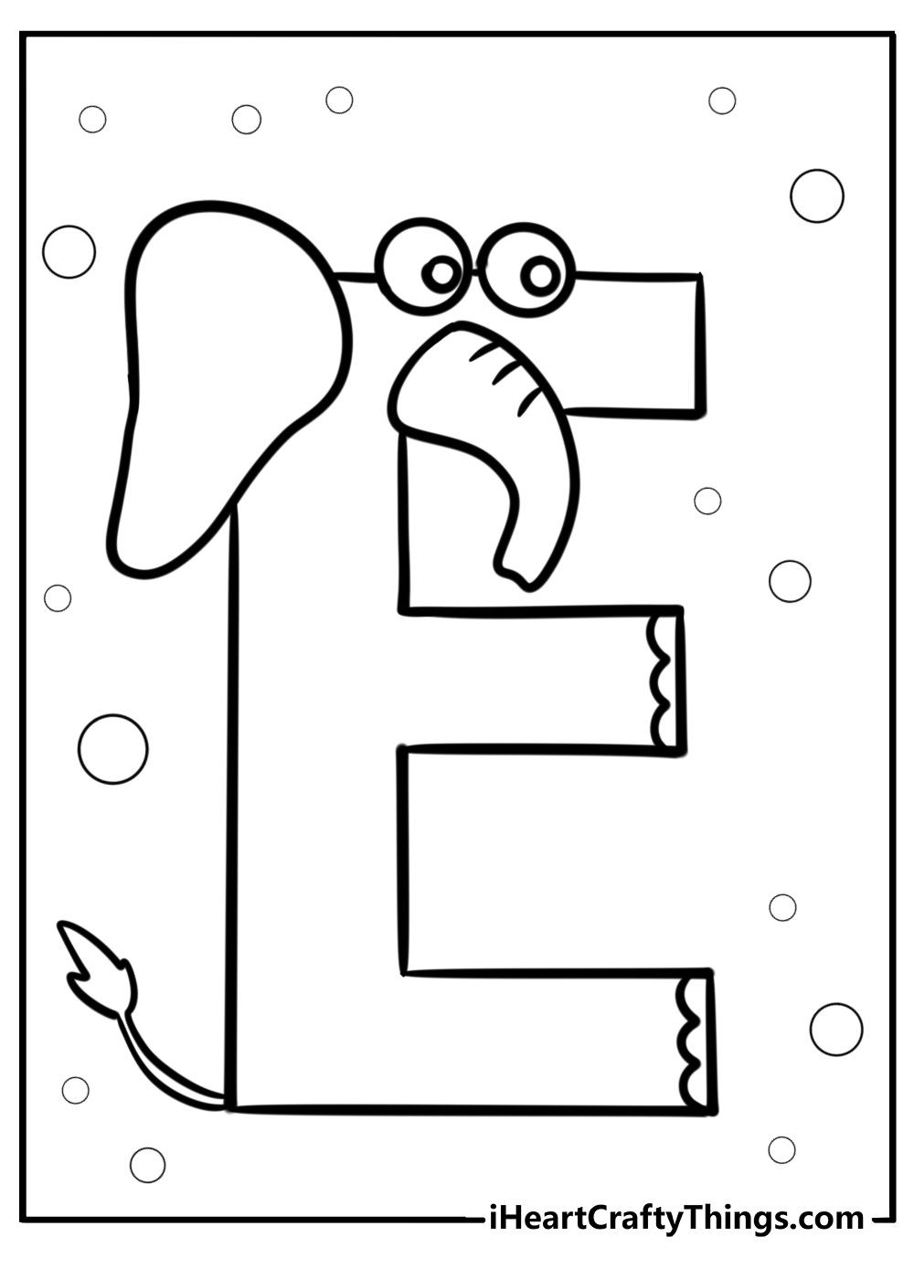 Letter e with an elephant design free coloring page pdf