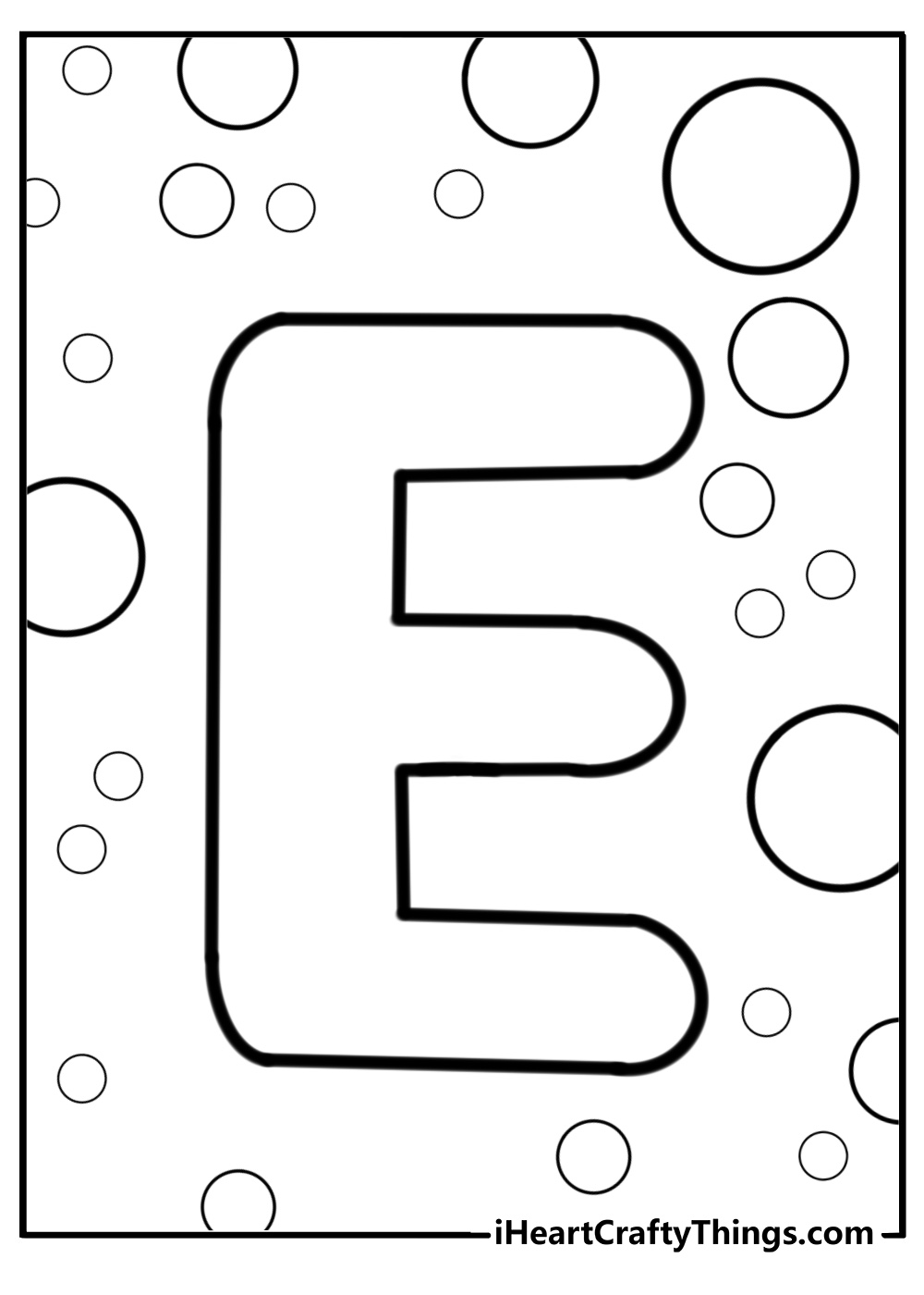 Letter e with colorful bubbles free coloring page pdf