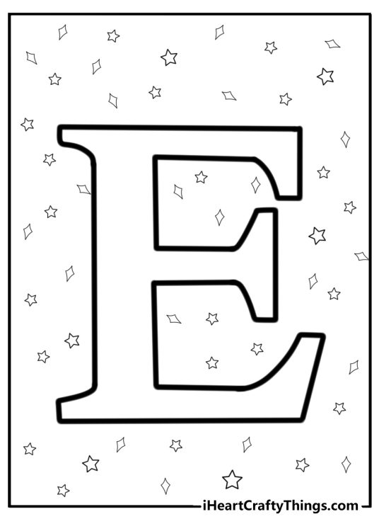Letter e with stars and sparkles free printable coloring page
