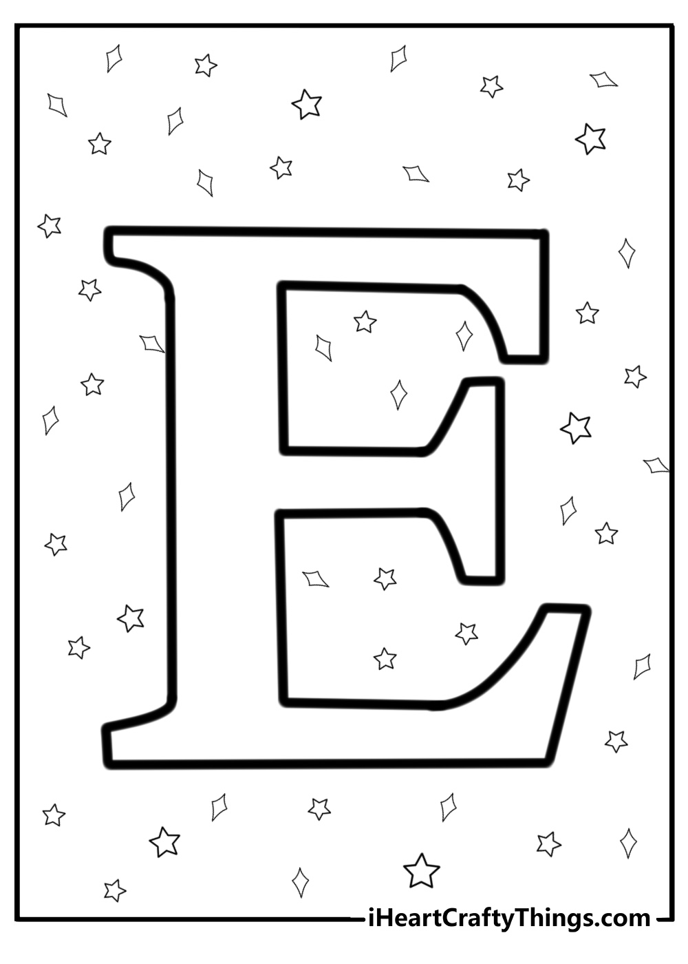 Letter e with stars and sparkles free printable coloring page