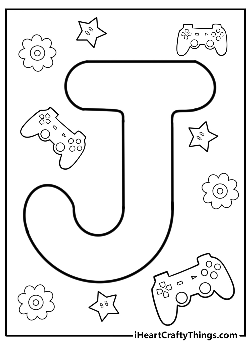 Letter j surrounded by joyful items free coloring page pdf