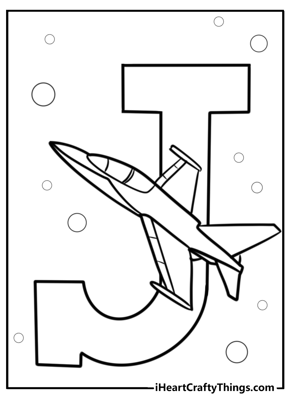 Letter j with a jet airplane coloring page for kids