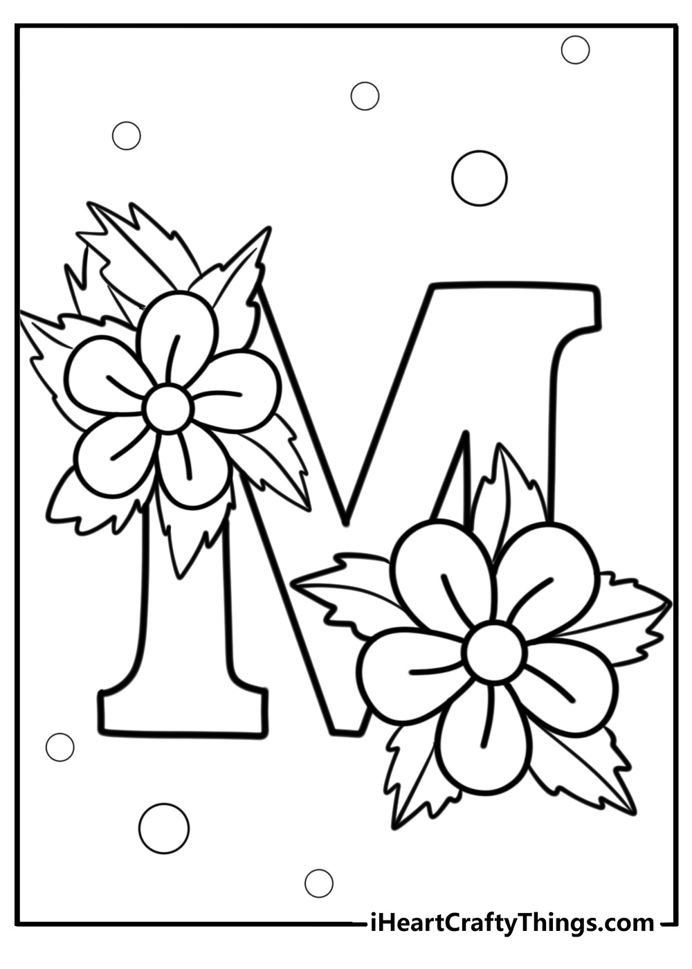 Letter m decorated with flowers detailed coloring sheet