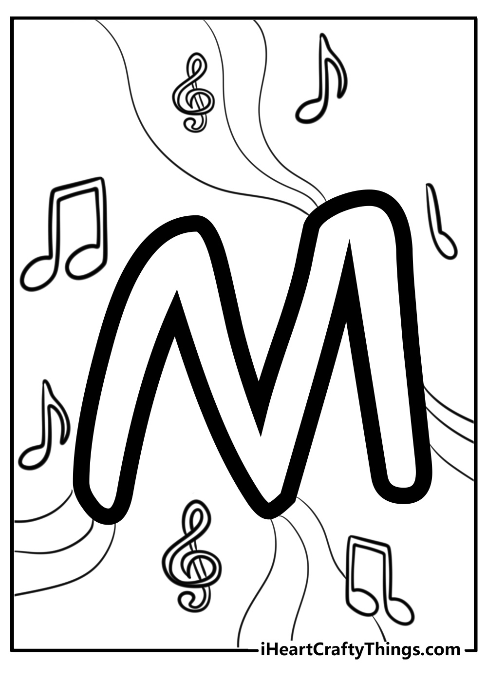 Letter m surrounded by music notes free printable coloring page