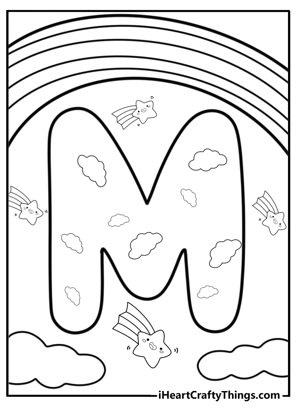 Letter m with rainbow and clouds free coloring page pdf