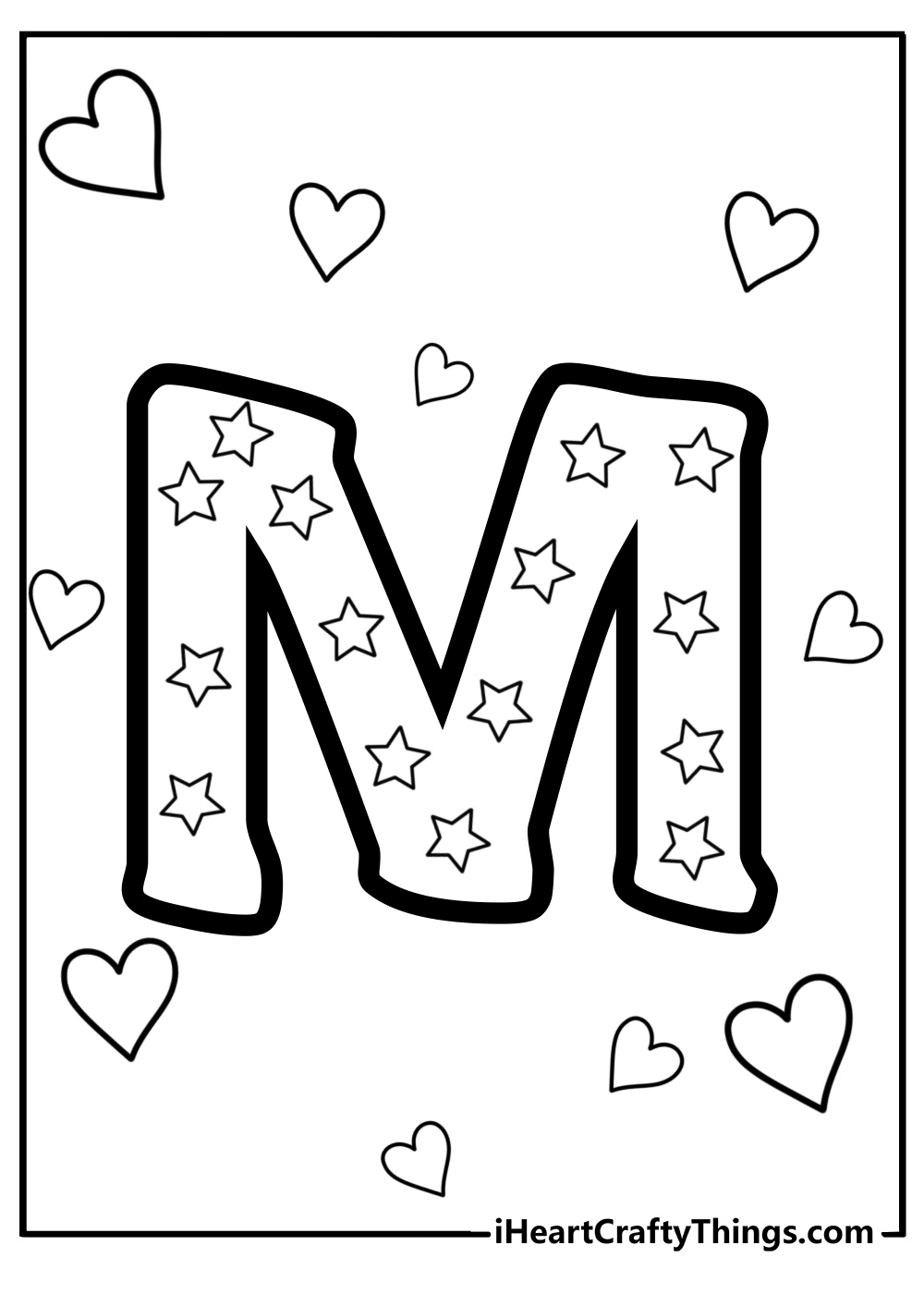 Letter m with stars and hearts coloring page