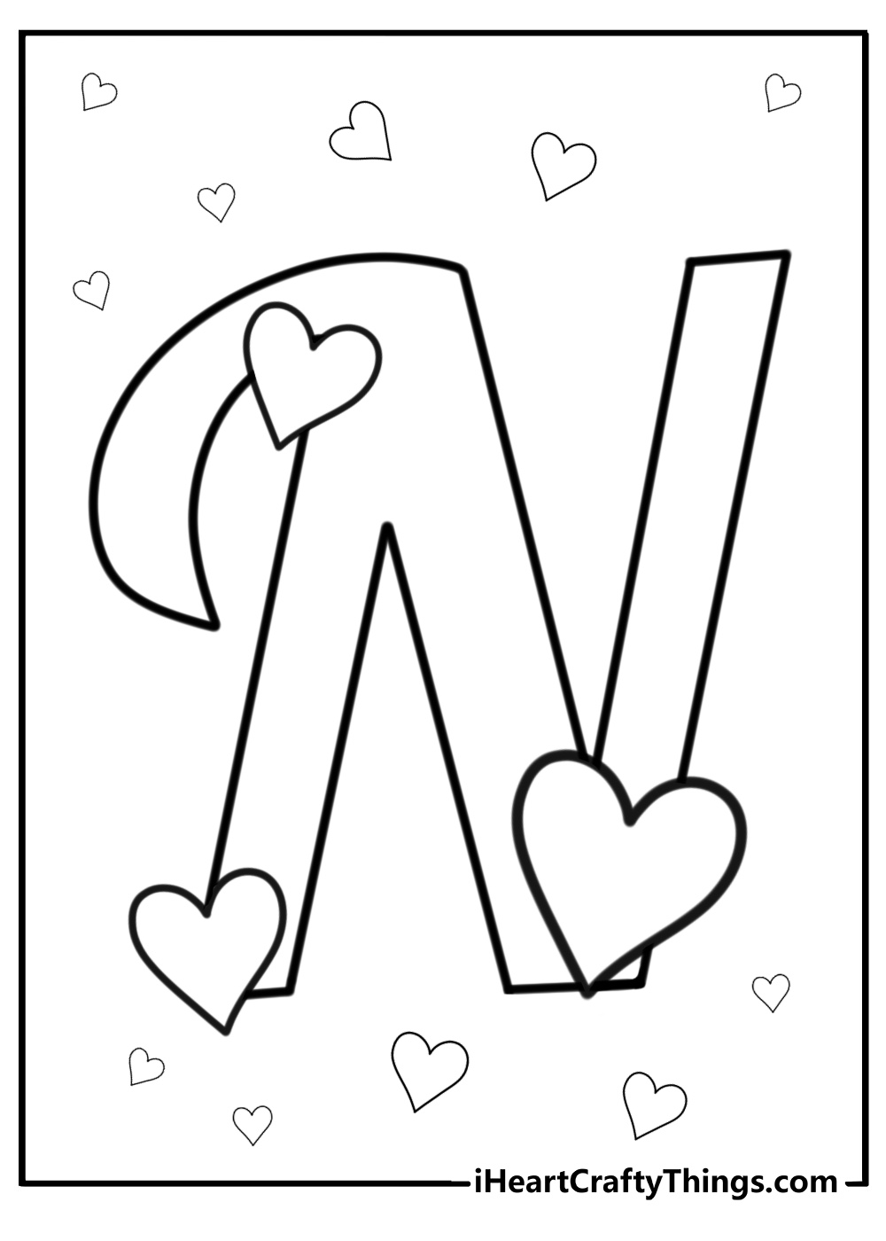 Letter n with hearts coloring page