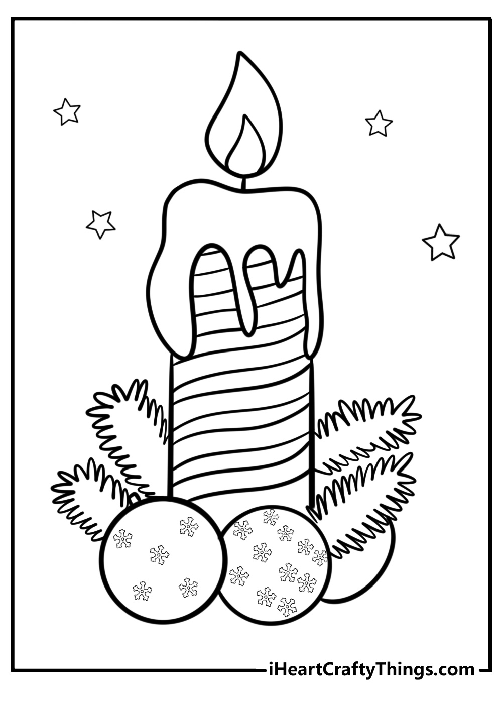 Lit candle with christmas ornaments detailed coloring sheet