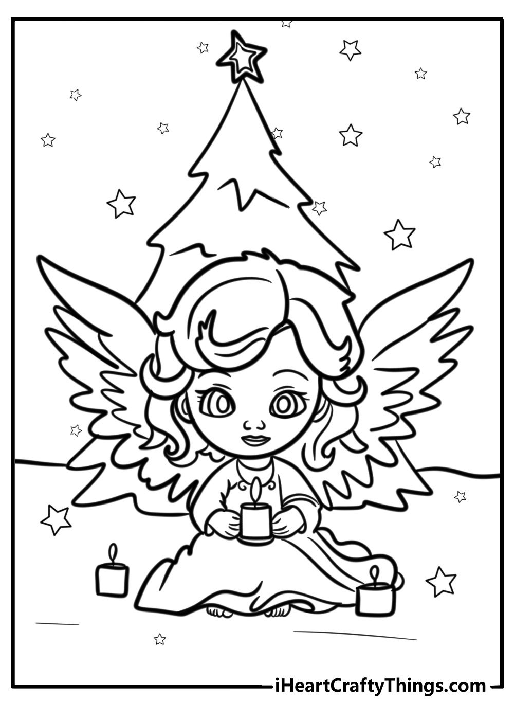 Little christmas angel with curly hair fun coloring sheet