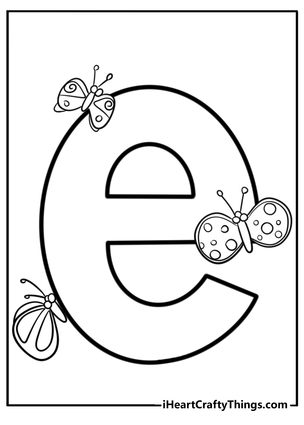 Lowercase letter e with butterflies fun coloring sheet