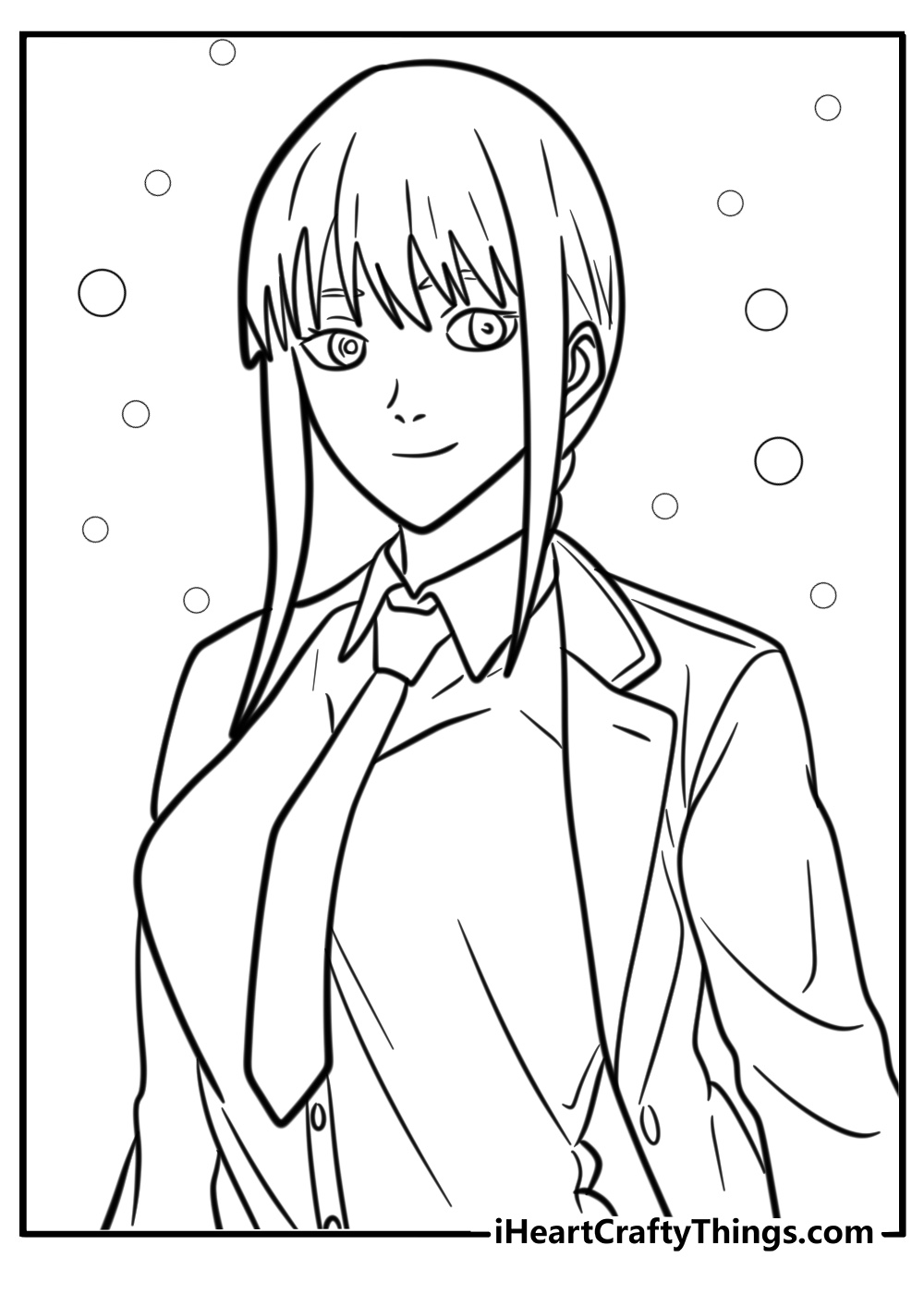 Makima with serious expression detailed coloring sheet.