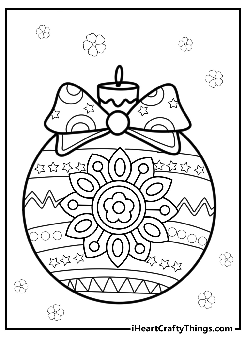 Mandala of festive bows and ornaments fun coloring sheet