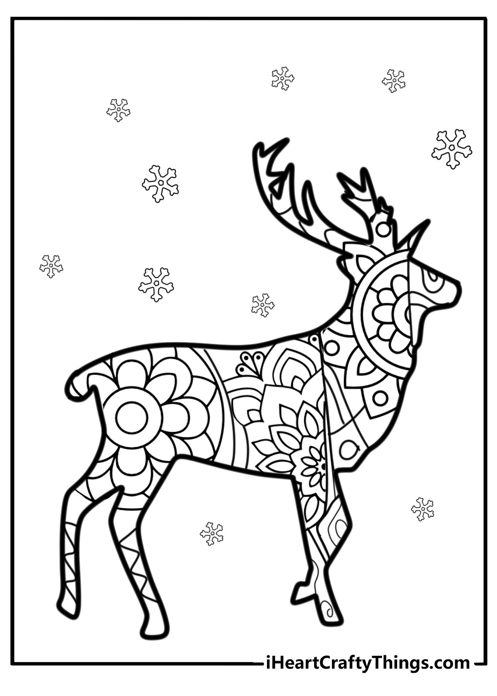 Mandala of reindeer and snowflakes detailed coloring sheet