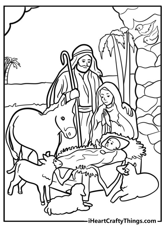 Christmas-themed image showing a small manger with the baby Jesus and his family surrounded by various animals