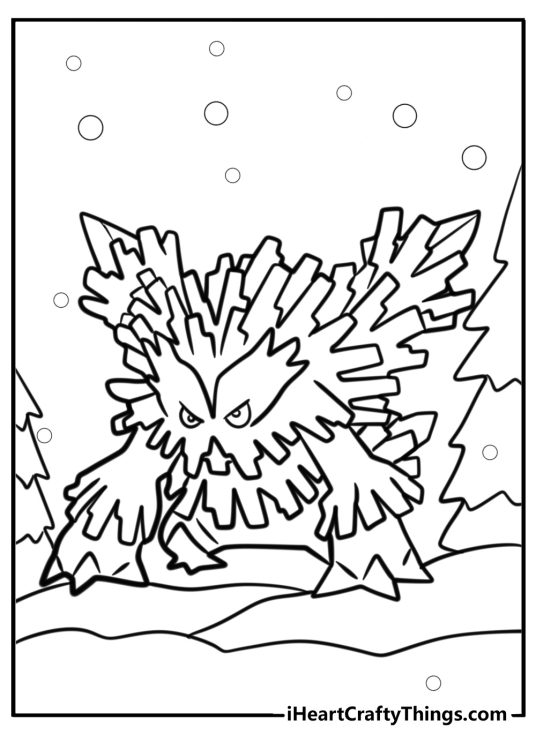 Mega abomasnow roaring in the snow coloring page for kids