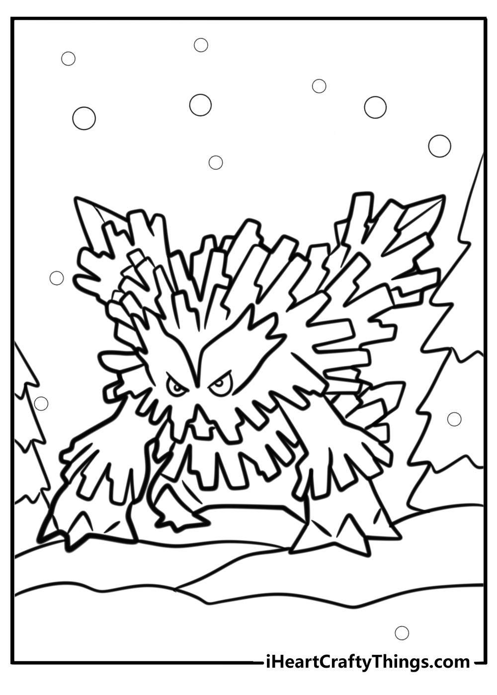 Mega abomasnow roaring in the snow coloring page for kids