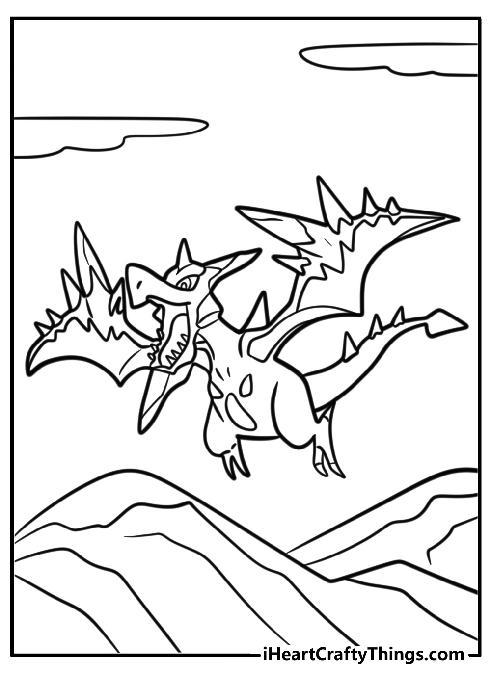 Mega aeodactyl flying above mountains free coloring page pdf