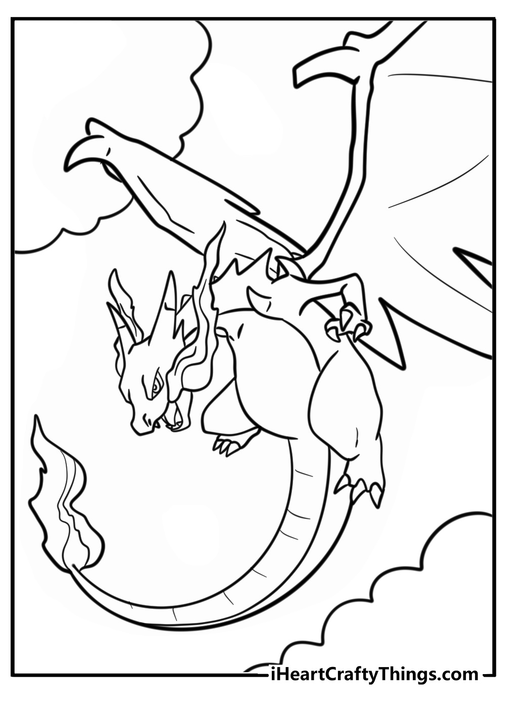 Mega charizard y soaring in the sky coloring page for kids