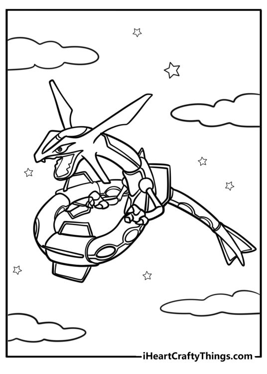 Mega rayquaza soaring through the clouds free coloring page pdf