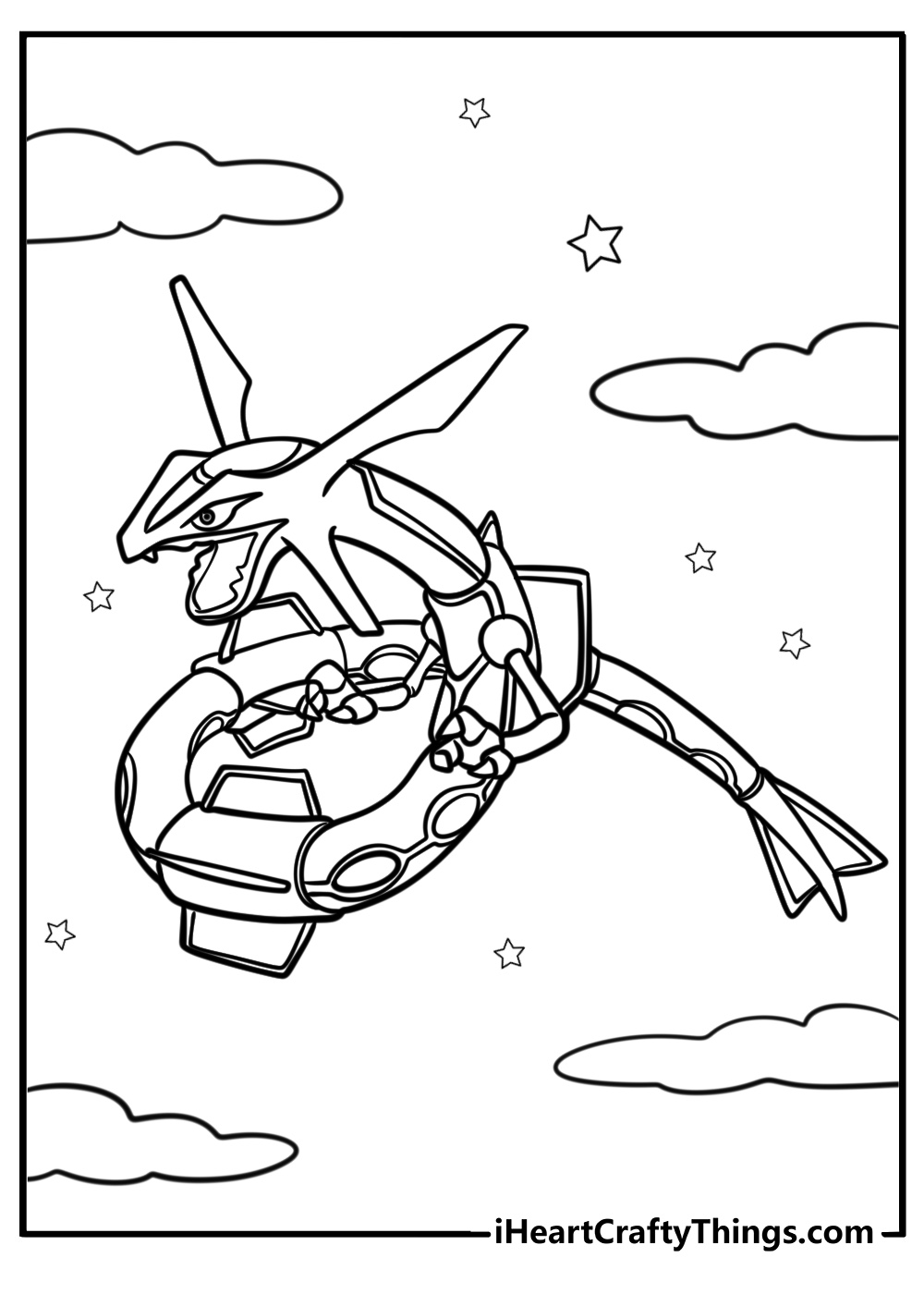 Mega rayquaza soaring through the clouds free coloring page pdf