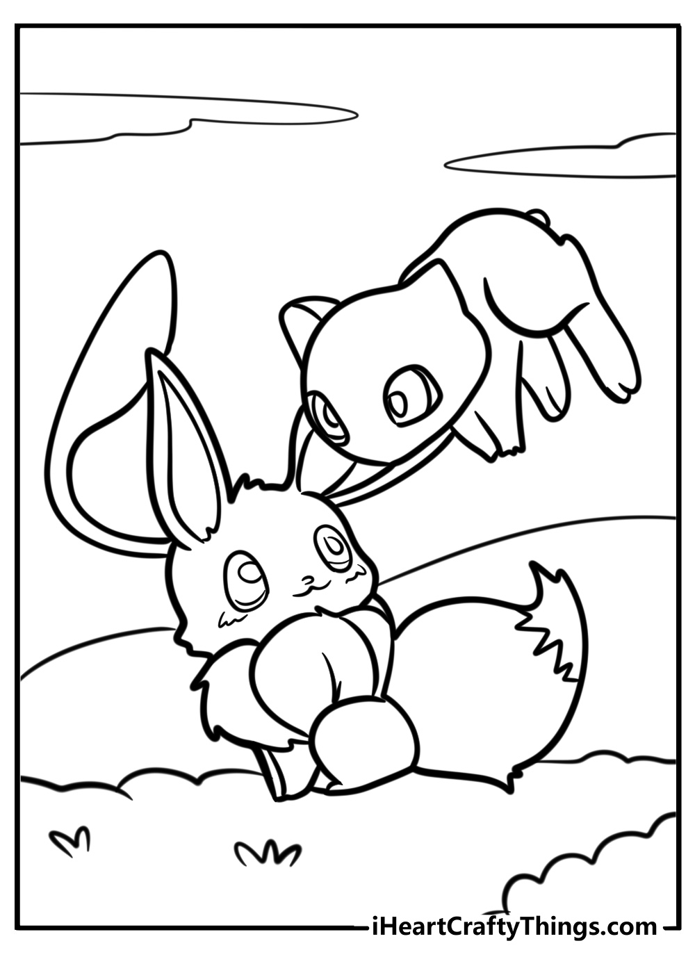 Mew and eevee having fun fun coloring sheet