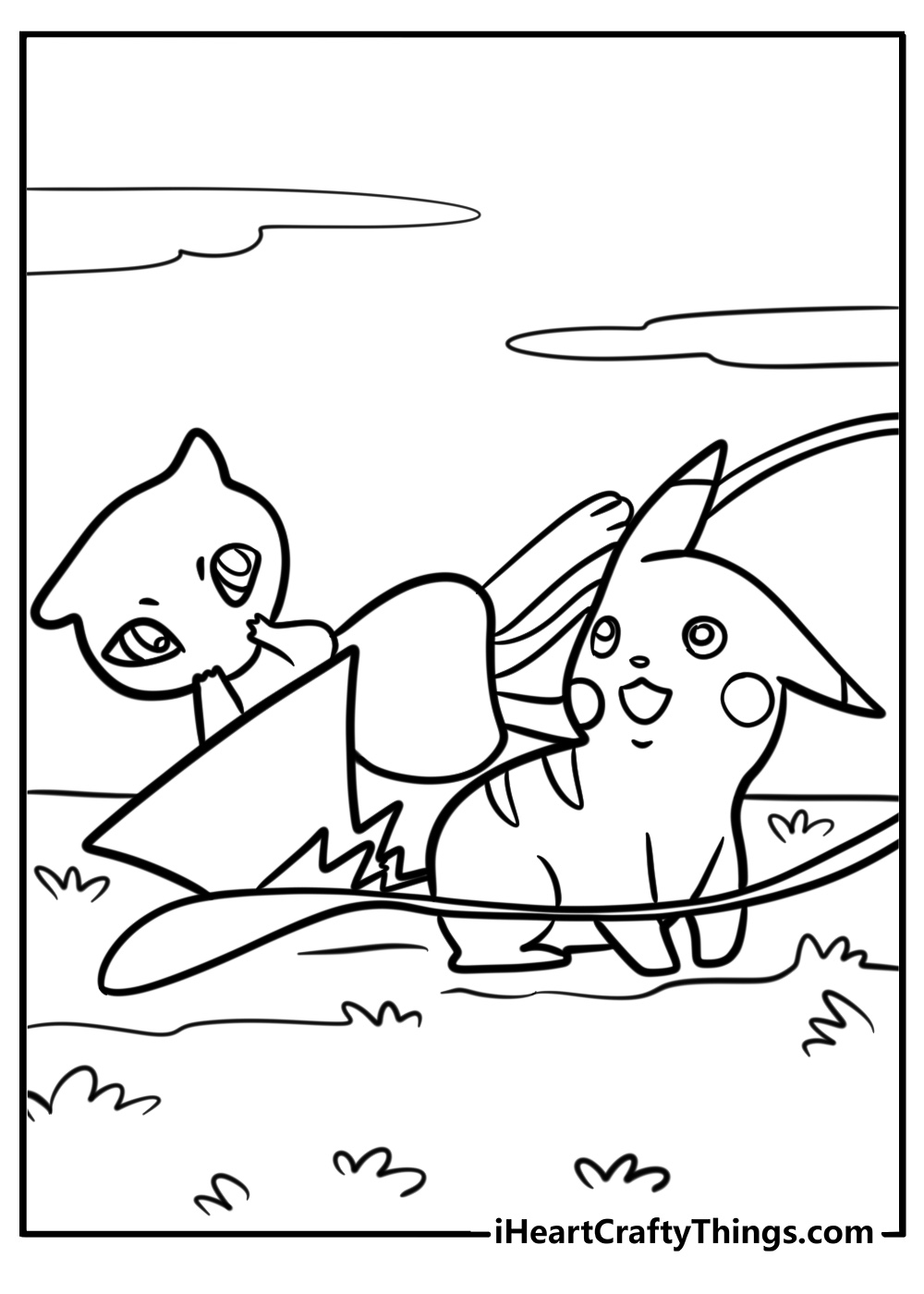 Mew and pikachu together detailed coloring sheet