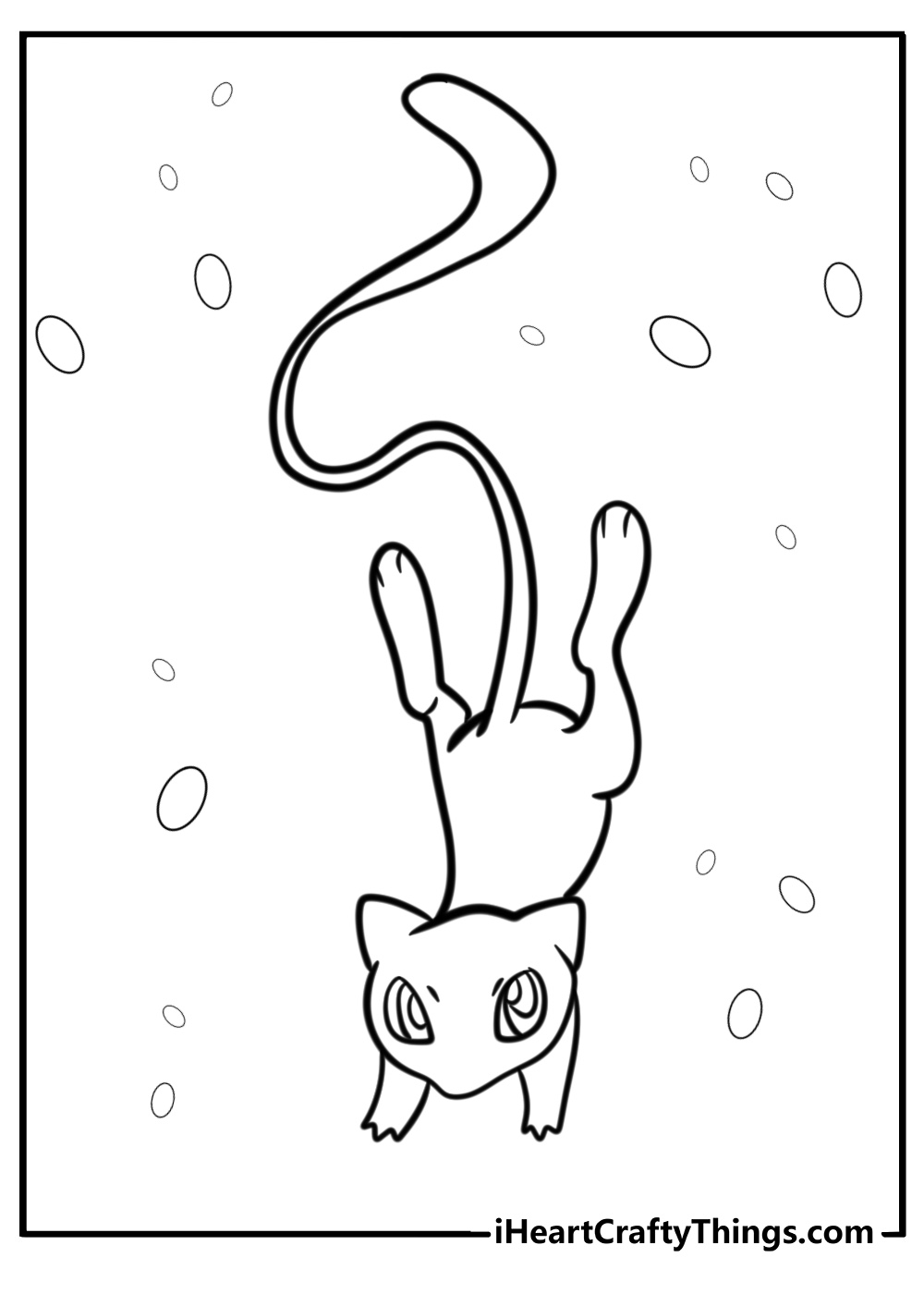 Mew doing a playful flip fun coloring sheet for kids