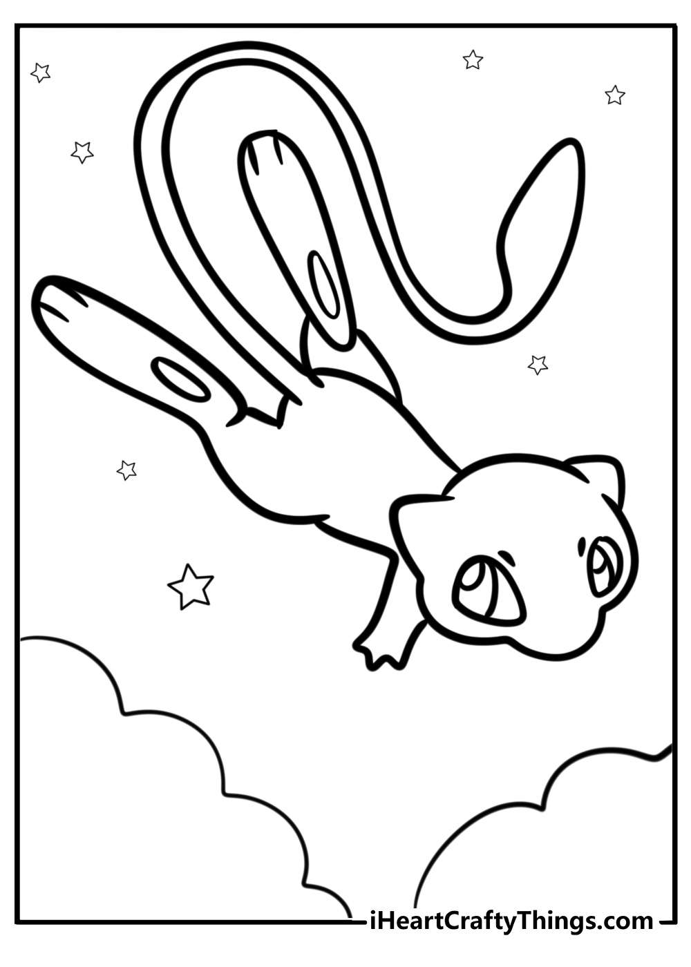 Mew flying through the sky detailed pokémon coloring sheet