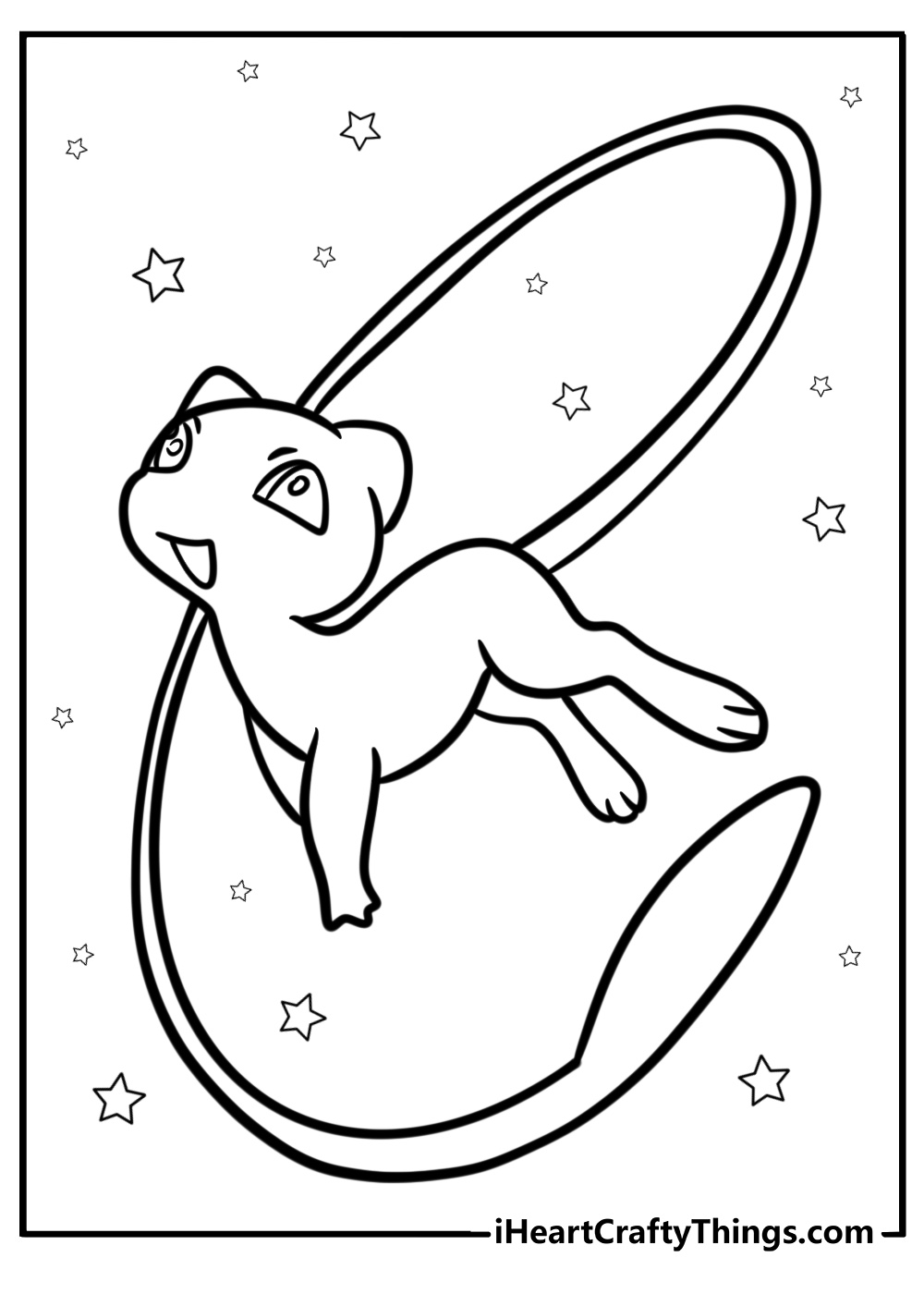 Mew flying with a trail of sparkles printable coloring page