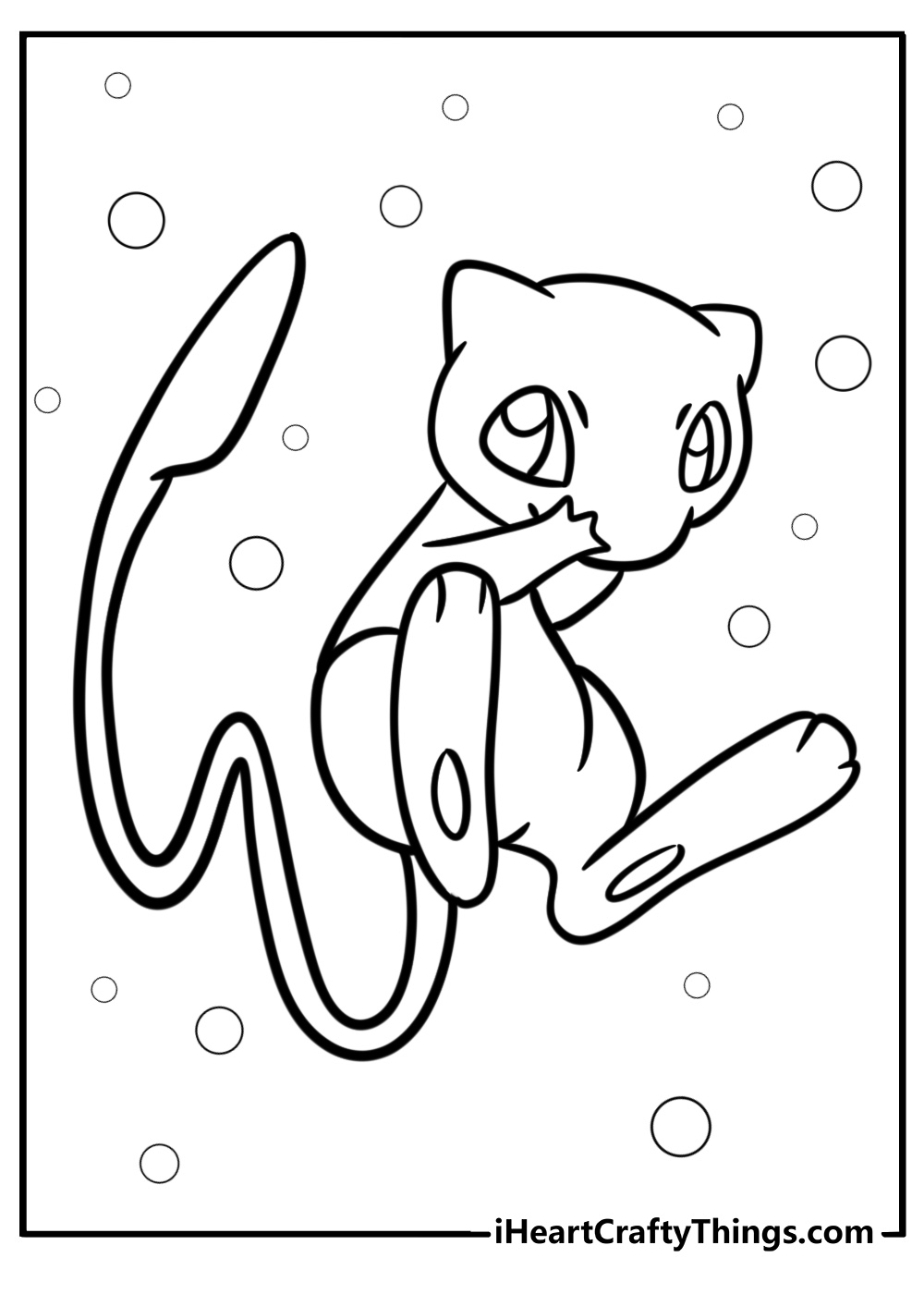 Mew in a playful pose printable coloring page