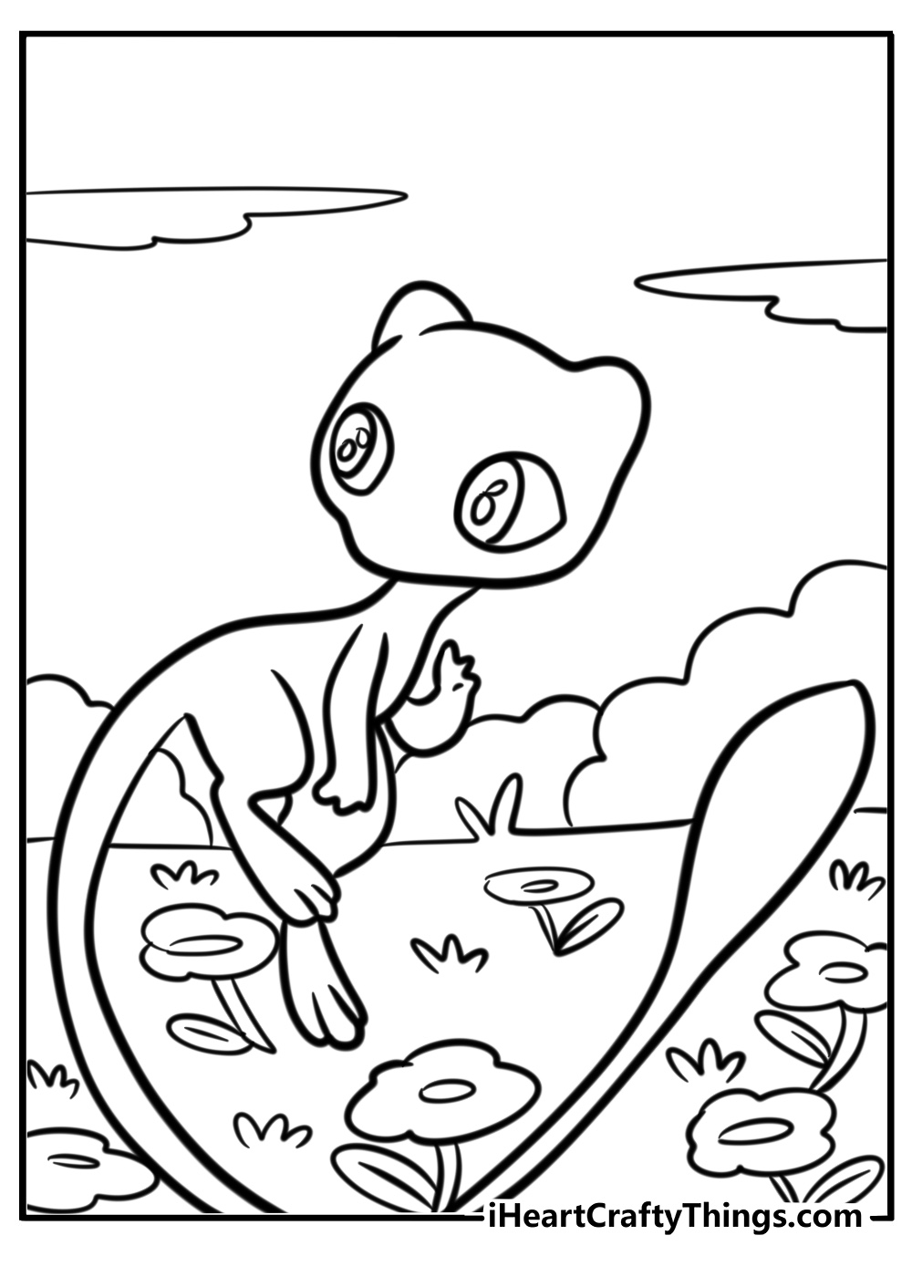 Mew playing in a field of flowers printable coloring page