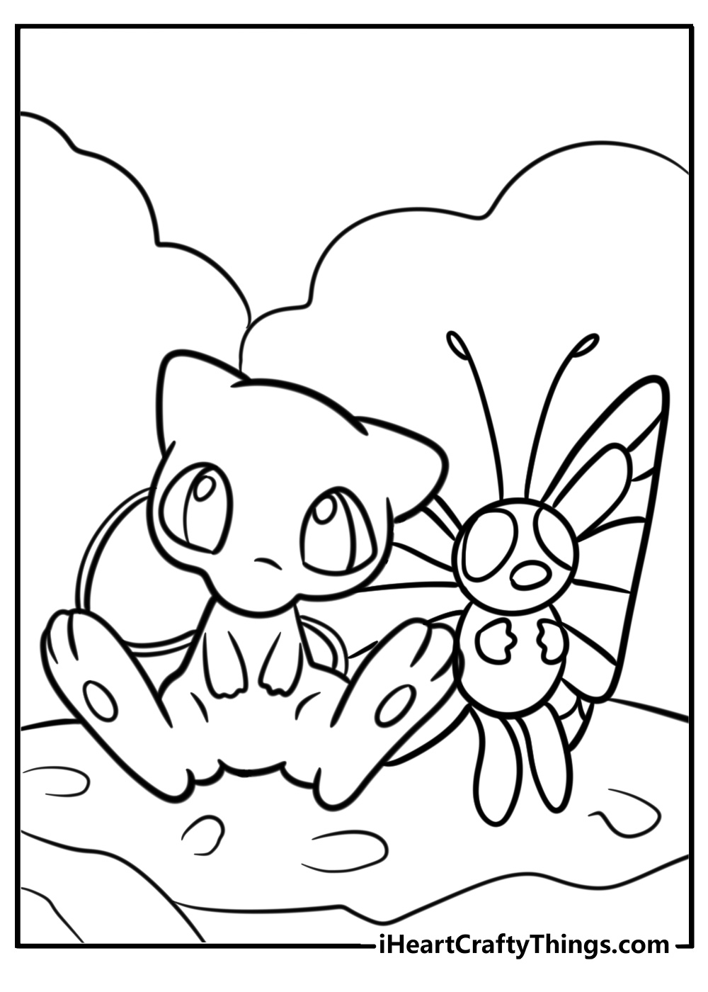 Mew sitting on a rock with butterfree free coloring page pdf