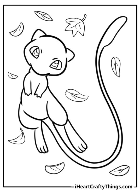 Mew surrounded by floating leaves detailed coloring sheet