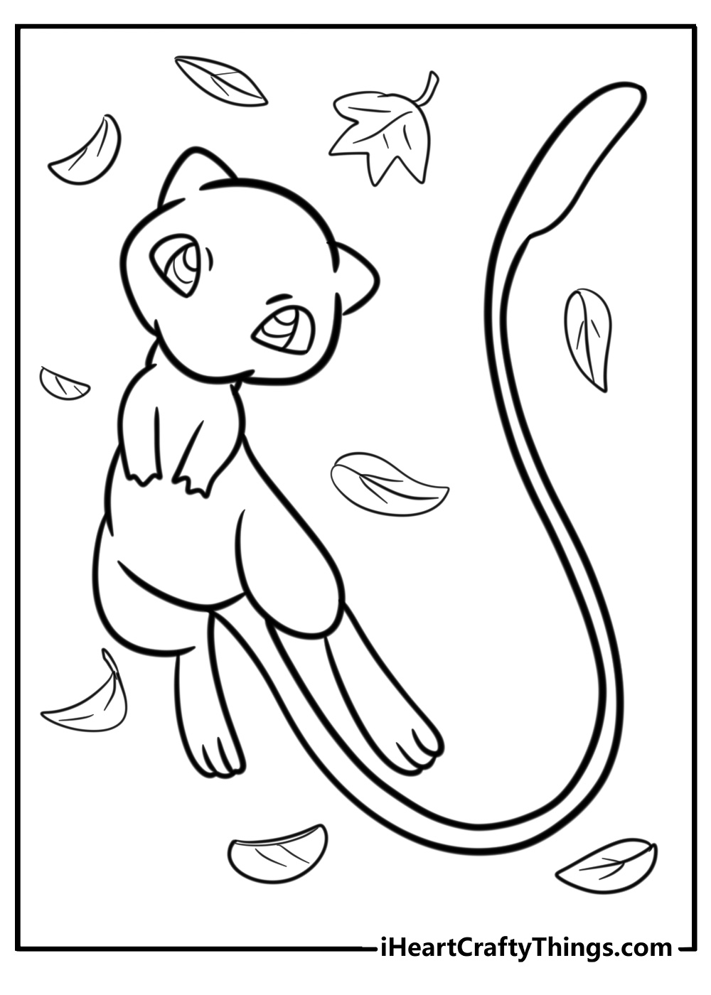 Mew surrounded by floating leaves detailed coloring sheet