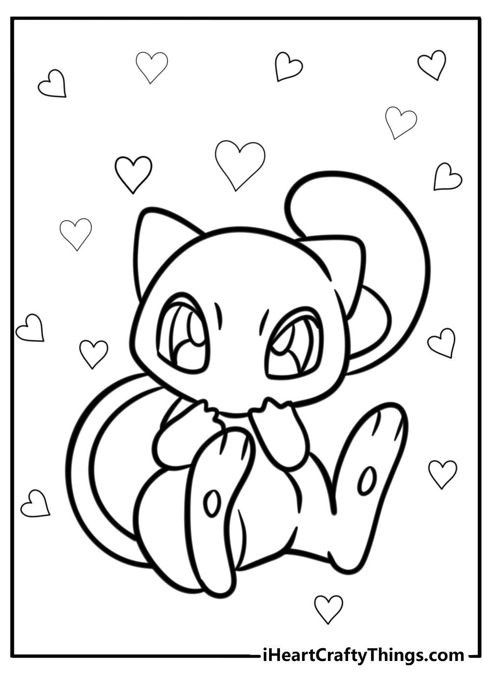 Mew surrounded by hearts and stars detailed coloring sheet