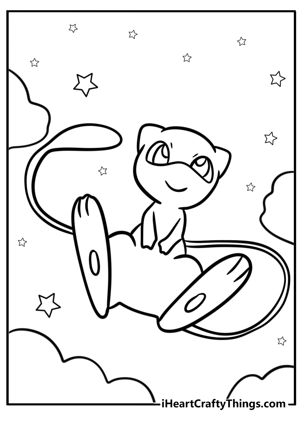 Mew surrounded by stars fun printable coloring sheet