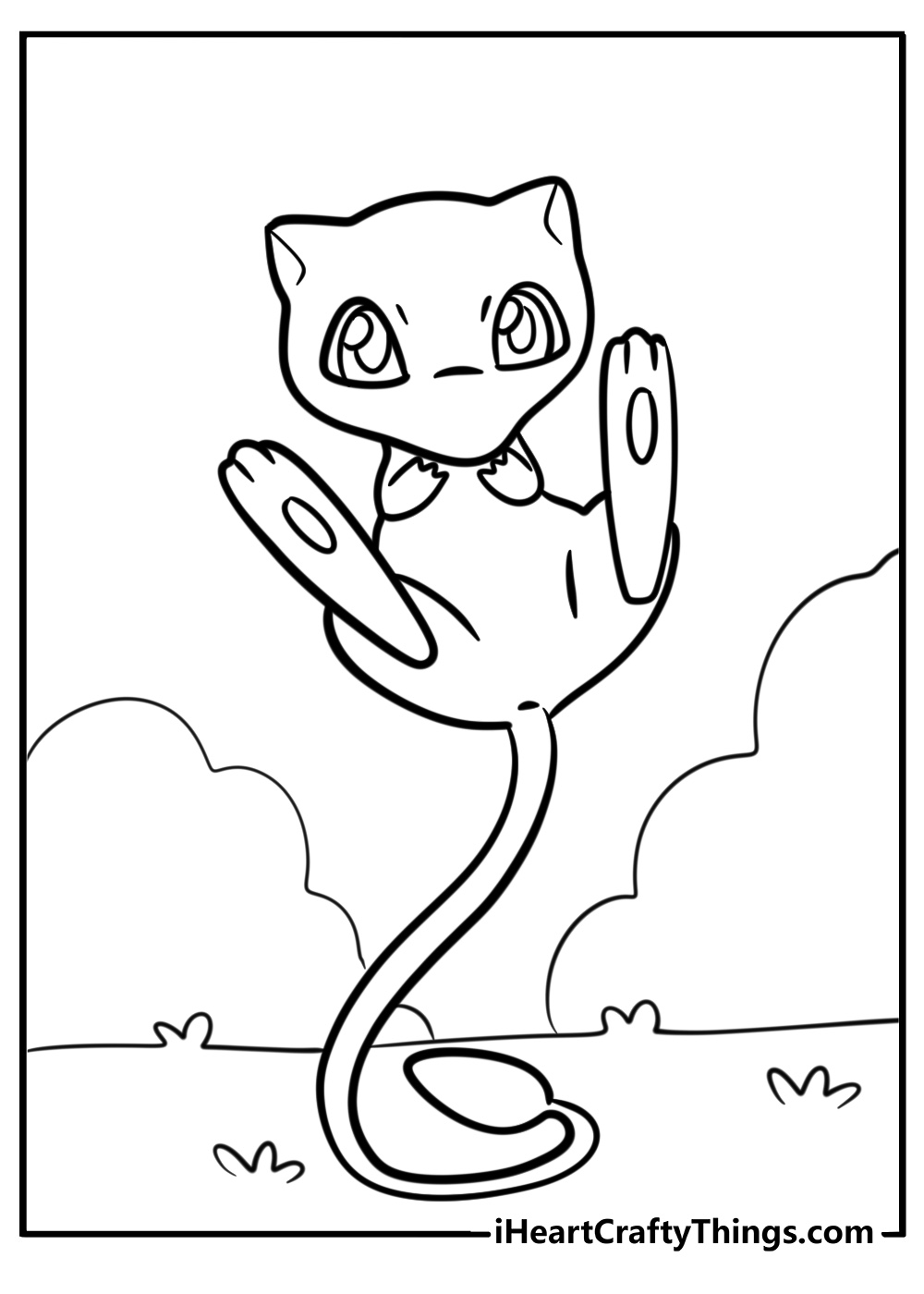 Mew using its tail for balance free coloring page pdf