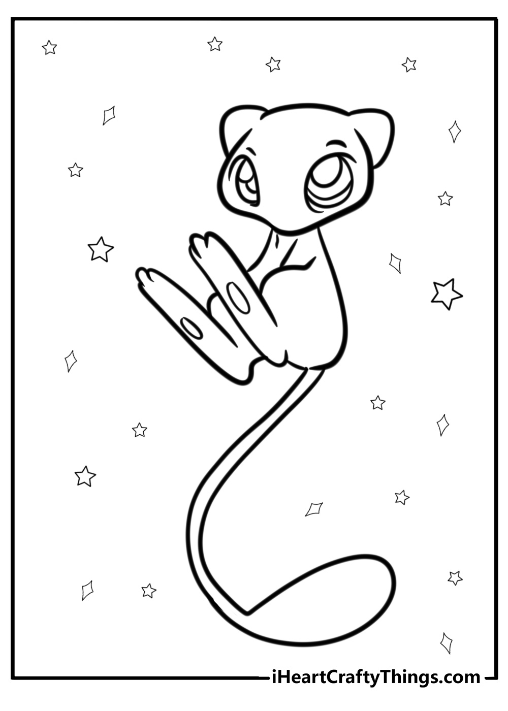 Mew with an energetic expression fun coloring sheet