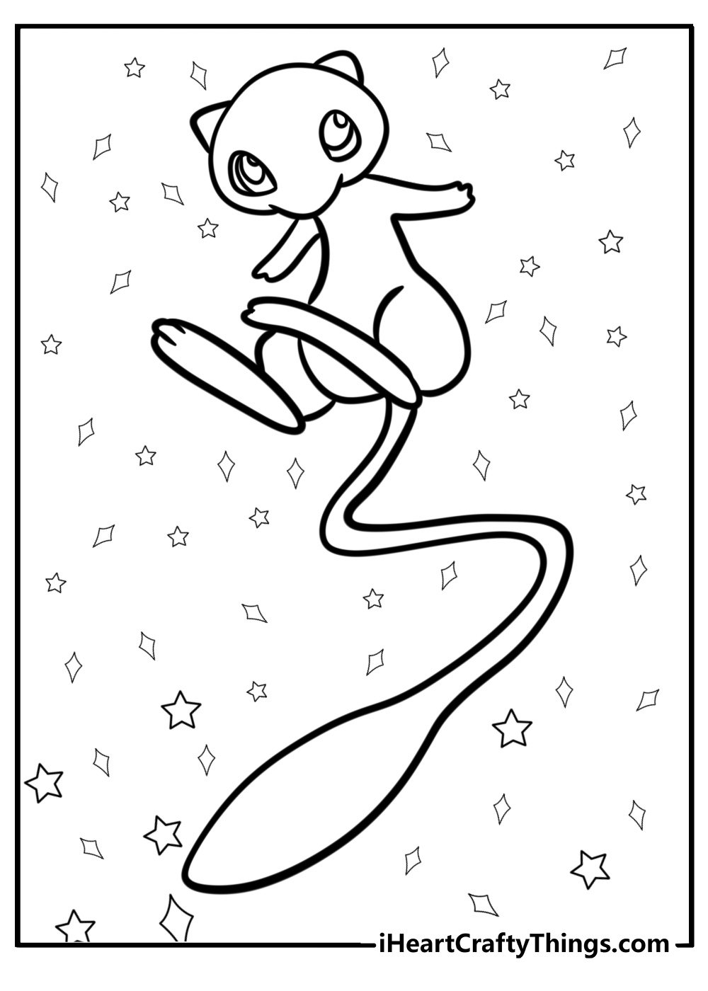 Mew with sparkling background free coloring page pdf