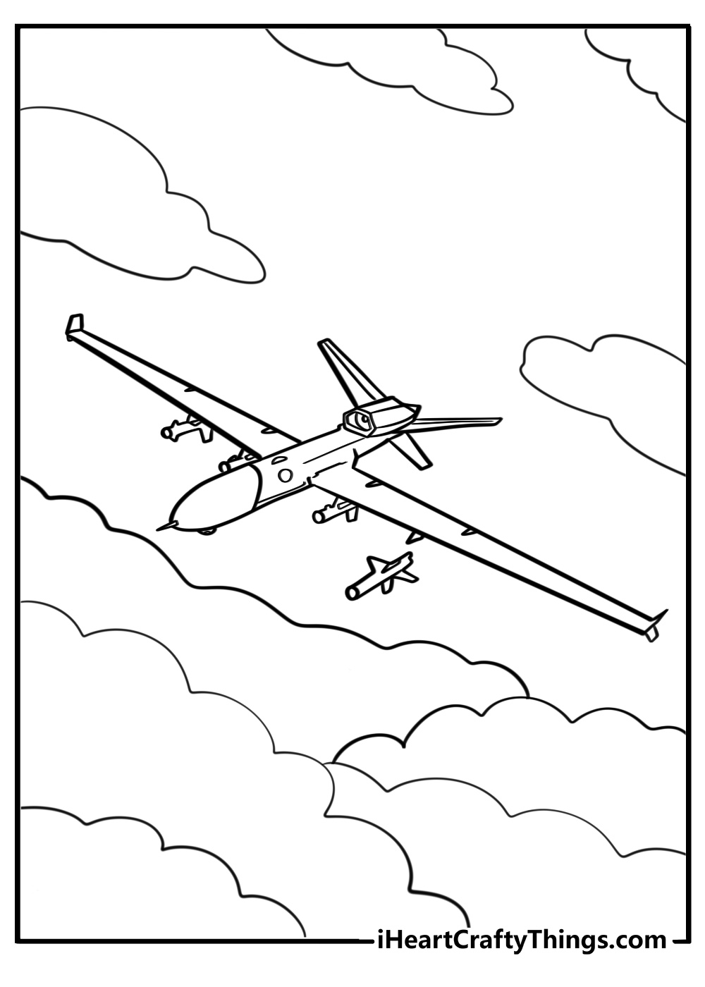 Military drone flying during mission printable coloring page