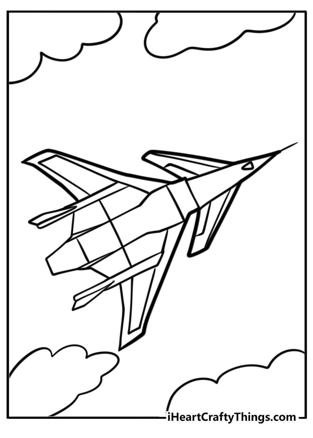 Military jet with sharp wings coloring page for kids